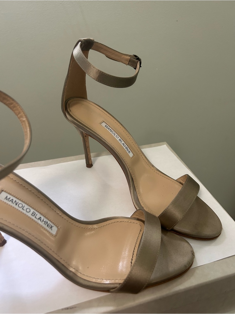 Manolo Blahnik Taupe Satin Ankle-Strap Stiletto Sandals